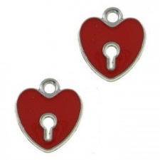 Metalen bedel Hartje met sleutelgat - Antiek zilver rood 